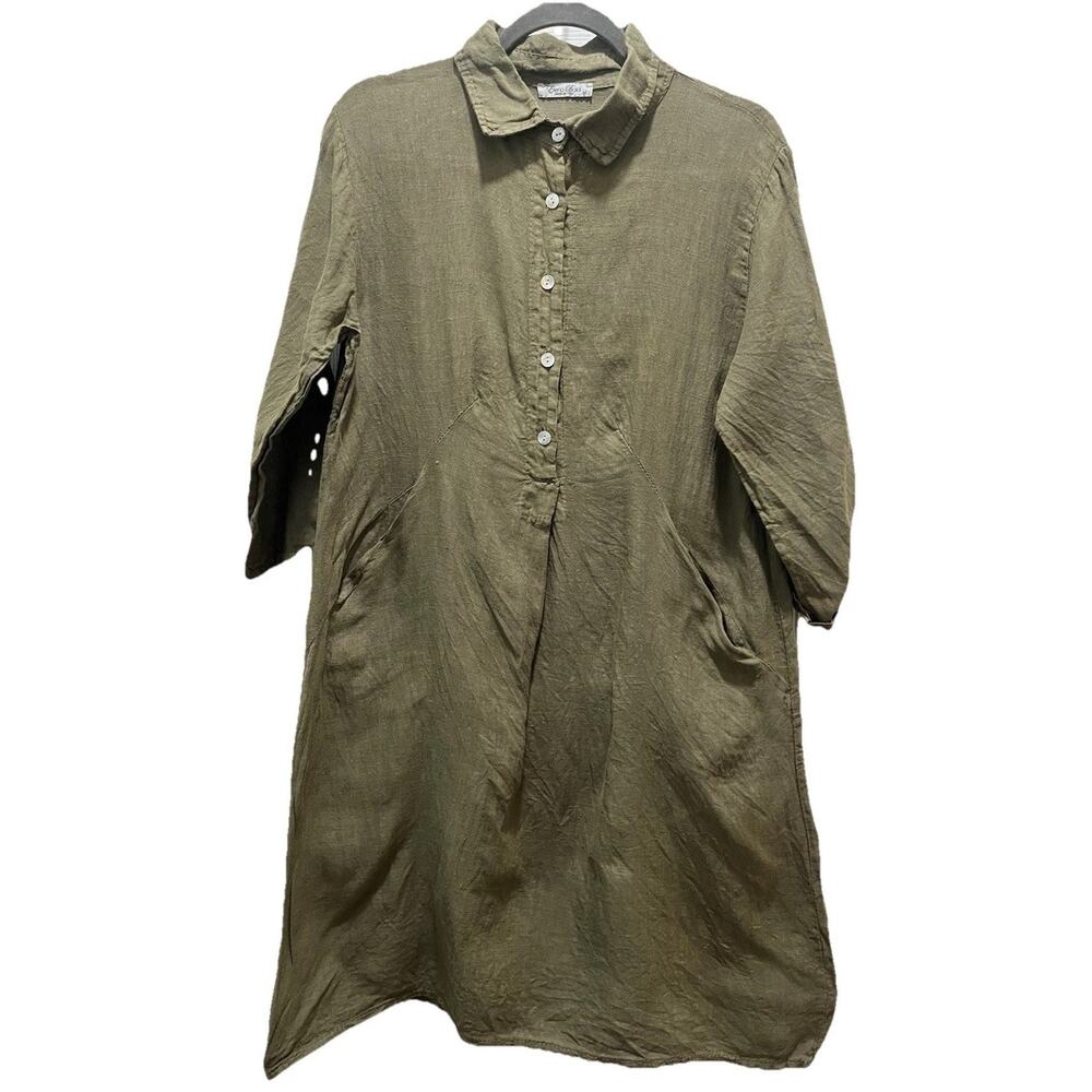 Elena Baldi Womens Tunic Medium Green Linen Popover 3/4 Sleeve Relaxed Lagenlook